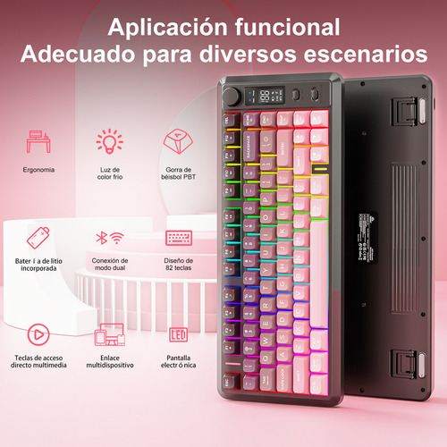 Teclado Free Wolf M75 Rgb Inalámbrico Bluetooth Con Pantalla Rosa