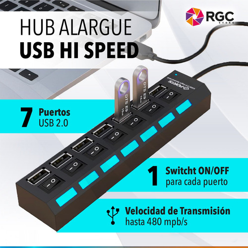 Imagen 3 de 10 de Zapatilla Hub Usb Multiplicador 7 Puertos Usb 2.0 Switch