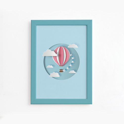 Quadro Balão Praia Infantil Moldura Azul 22x32cm