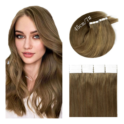 40 Pzs Extensiones De Cabello Con Base Pu Humano Real 45cm Pu-7x-rubio Oscuro Ceniza