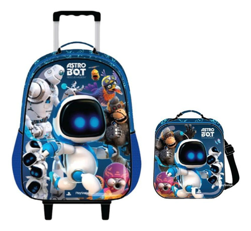 Kit Astro Bot Play Station Mochila De Rodas + Lancheira