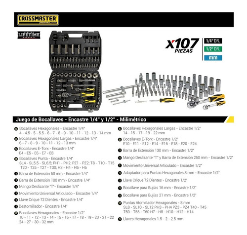 Imagen 5 de 10 de Juego Set Kit Tubos Bocallaves 107 Pzs Crossmaster 1/4 1/2