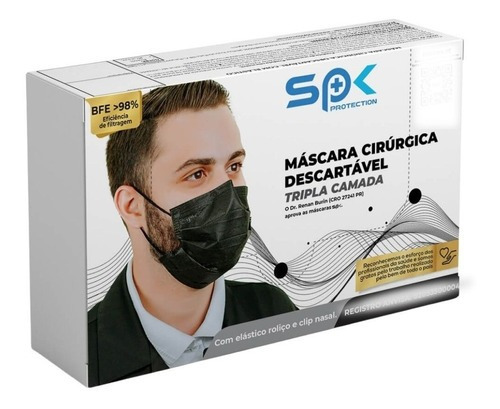 Máscara Cirúrgica Descartável Preta - Spk Protection Cor Preto