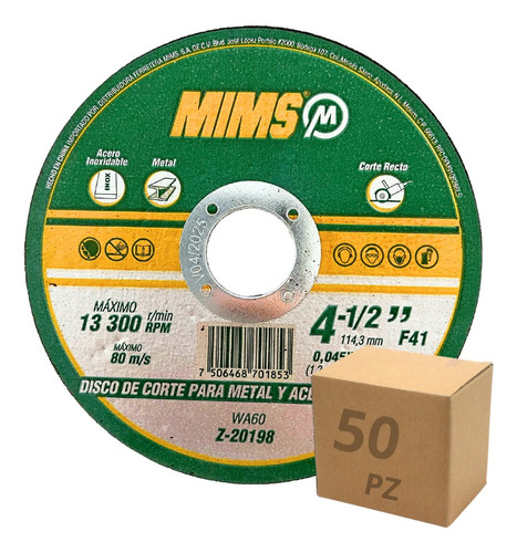 Disco De Corte 4 1/2 Para Inoxidable Y Metal Con 50 Pzs Mims