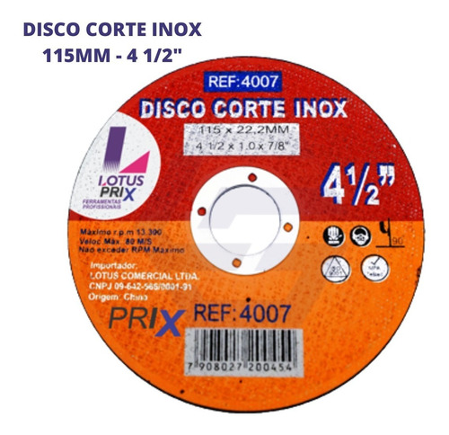 Disco De Corte Fino Inox 4.1/2 X 1,0 Esmerilhadeira 50 Pçs