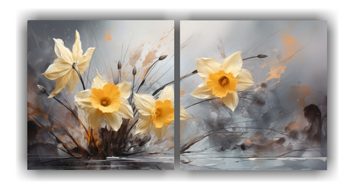 60x30cm Pintura Abstracta De Flores Narcisos En Dorado Y Neg