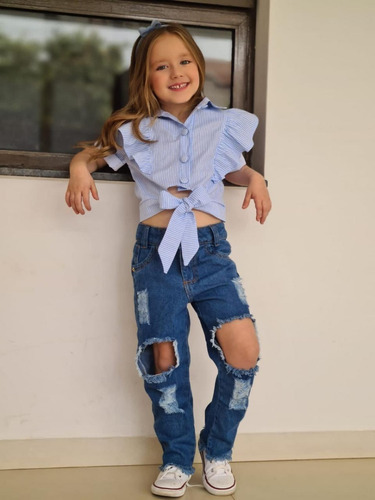 Imagem 5 de 5 de Calça Jeans Infantil Blogueirinha Destroyed Moda Mini Diva