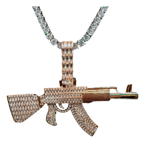 Dije Ak 47 Laminado De Oro 14k Y Zircornias 5a Cuerno Chivo.