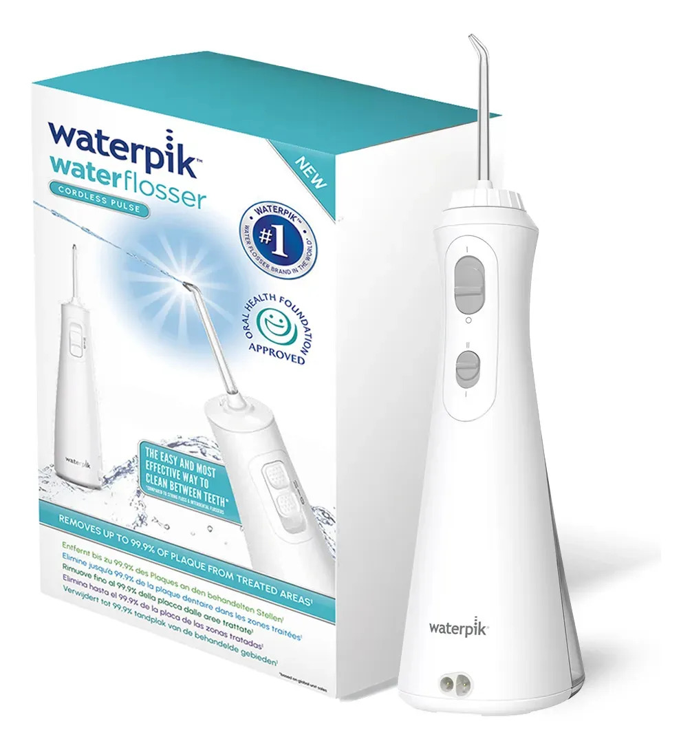Waterpik Irrigador Bucal Cordless Pulse WF-20 con Limpiador de Lengua. Recargable y Portátil. Encías Saludables y Dientes más Brillantes en 14 Días, Elimina el 99% de la Placa Dent