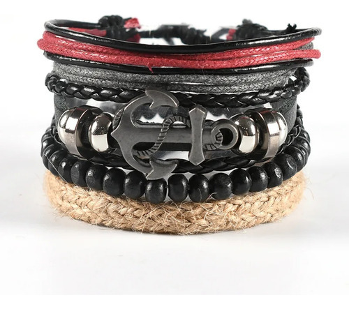 Pulsera Hombre Set 4 En 1 Ancla Marina Cuero Vintage 