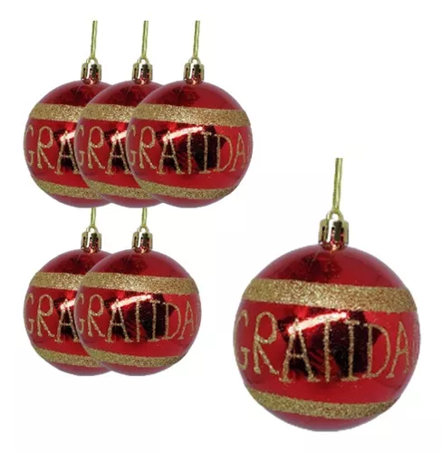 Kit 6 Bolas De Natal Decoração Gratidão Vermelha E Dourada