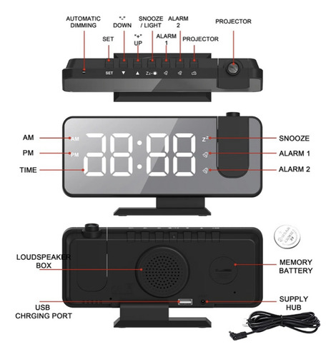 Reloj Led Espejo Proyector Pared Y Pantalla Grande Alarma G3