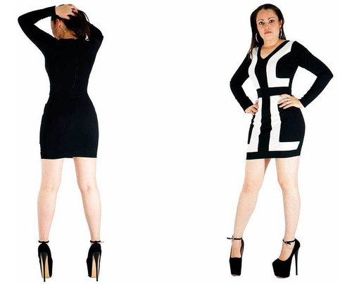 Vestido Fiesta Elegante Blanco Con Negro Pegado Corto Vc125