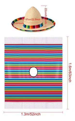 Disfraz De Poncho De Sarape Mexicano, Sombrero Mexicano Con