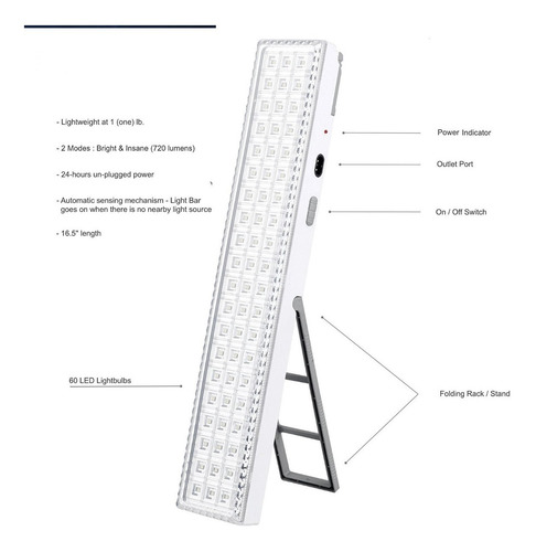 Imagen 2 de 8 de Foco Portátil Barra Emergencia 60 Led Recargable Camping