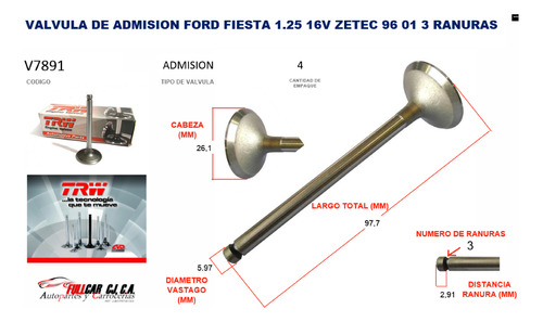 Valvula Admision Ford Fiesta 1242cc 16v 1.23 3 Ranuras