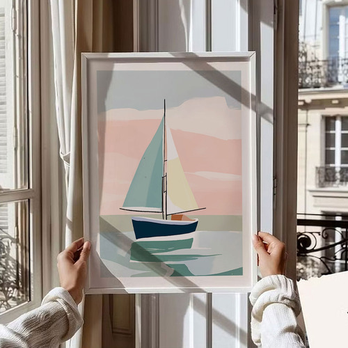 Lámina Decorativa Velero Minimalista Estilo Costero Rosa Multicolor Sin Armazón