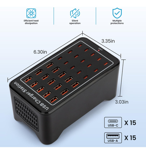 Estación Carga Usb C 150w, 30 Puertos Para Múltiples Disposi