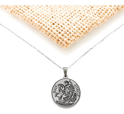 Cadena Y Dije Medalla San Jorge Plata 925 Plateado 45 Cm