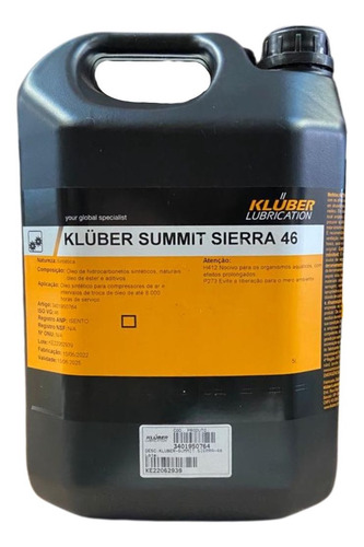 Óleo Sintético 8000h Para Compressor 5l Kluber Sierra 46