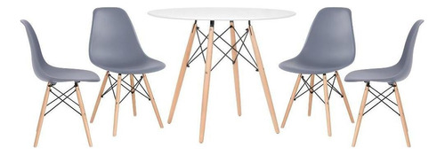 Kit Jantar Cozinha Eames Wood Mesa 90 Cm  4 Cadeiras Dsw Tampa Mesa Branco Com Cadeiras Cinza Escuro