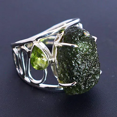 Anillo De Plata Con Moldavita Y Peridoto, Joyería Hecha A Ma