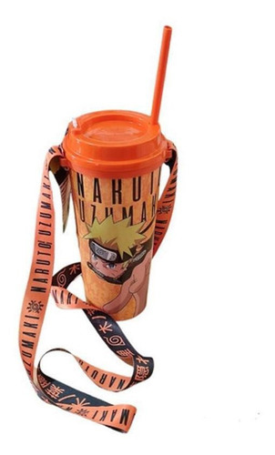 Copo Com Canudo Fita Cordão Naruto Uzumaki 1000ml - Laranja