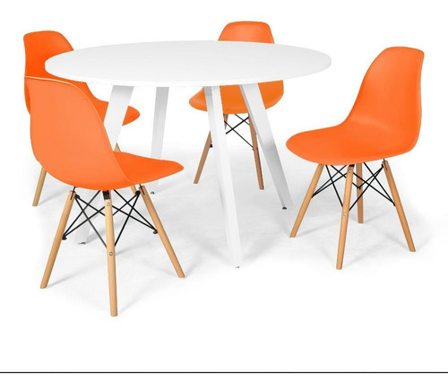 Mesa Jantar Redonda Amanda Branca 120cm + 4 Cadeiras Eiffel Cor Laranja