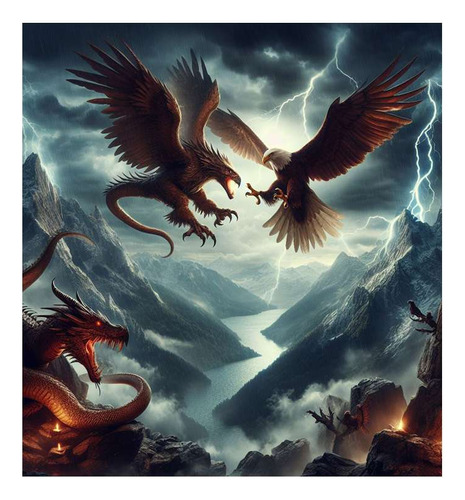 Vinilo 30x30cm Aguila Dragon Pelea En Montañas Arte M2