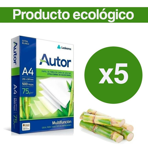 Resma A4 Papel Impresora Ecológico Autor 75grs 500 Hojas X5