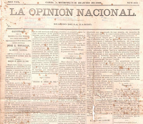 Opinion Nacional Antiguo Periodico Numero 122 Caracas 1869