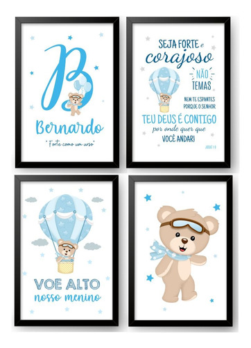 Kit Com 4 Quadros Decorativos Do Tema Ursinho Baloeiro