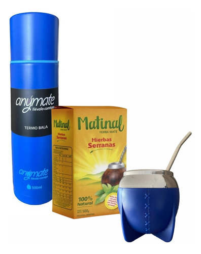 Set Mate + Bombilla + Dispensador Yerba + Termo Bala Anymate