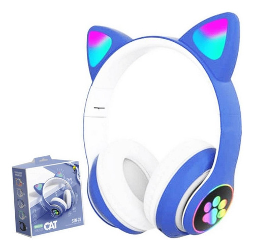 Audífonos Gamer Inalámbricos Cat Stn-28 Gatita Con Luz Led Color Azul