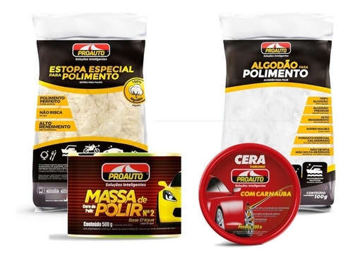 Massa Polir + Cera Pasta Carnauba + Estopa + Algodao Proauto