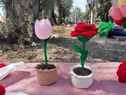 Flor Tejida A Crochet Incluye Maceta 