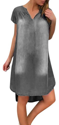 Vestido Casual De Manga Corta Con Cuello En V De Mezclilla 2