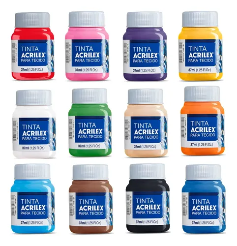 Kit C/ 12 Tinta Tecido Acrilex 37ml Cores Mais Vendidas