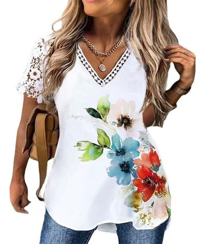 Elegante Playera Casual Para Mujer Con Mangas De Encaje Y E