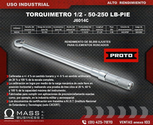 Torquimetro 1/2 + Estuche + Certificado Proto J6014c