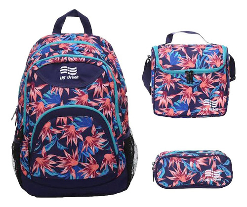 Set 3 Mochila Escolar Lonchera Y Lapicera Niña Flores Azul Color Azul marino Diseño de la tela Estampado