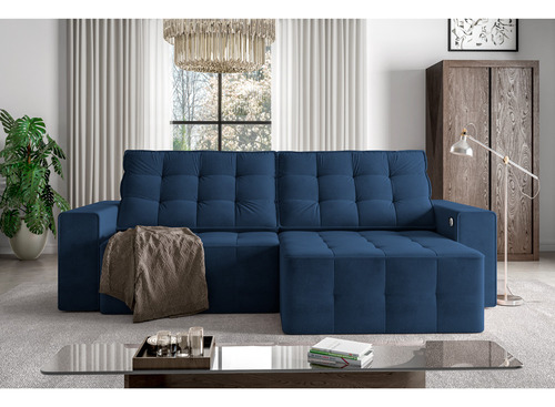 Sofá Retrátil E Reclinável Com Usb Suede Azul Marinho