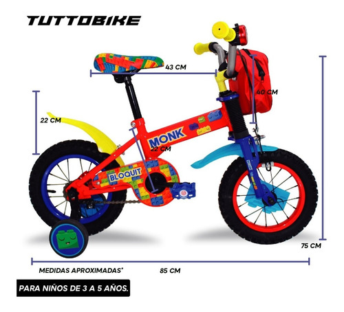 Imagen 5 de 8 de Bicicleta Para Niños Bloquit Rodada 12 1 Velocidad Monk