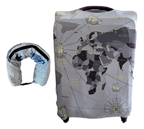 Kit Funda Cubre Valija Grande + Cuello Guarda Ropa Almohada Mapa Gris