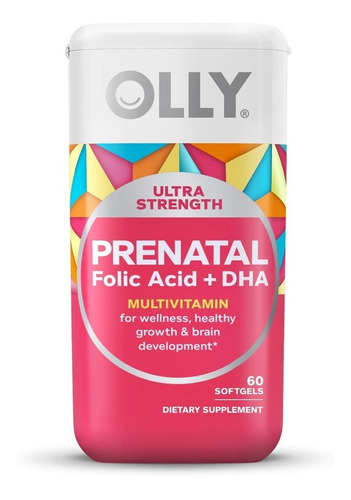 Olly ultra strength - Cápsulas Blandas Multivitamínicas Prenatal, Favorece El Crecimiento Saludable Y El Desarrollo Cerebral Con Hierro, Ácido Fólico, Colina, Dha, Vitaminas C, E, Suministro De 30 Días, 60 Unidades