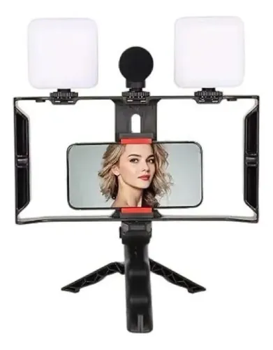 Kit Estabilizador Celular 2 Luz Led Microfone Tripé