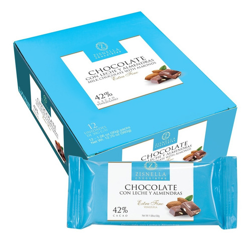 Imagen 1 de 2 de Zisnella Chocolate Con Leche/almendras 42% Cacao 12 Und 30gr
