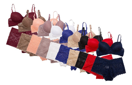 Kit 3 Conjunto Lingerie Com Bojo De Renda E Calcinha Tanga