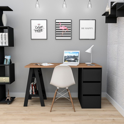 Escritorio Appunto self con cajones mdp de 135cm x 76cm x 60cm castaño y negro