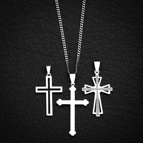 Kit 1 Corrente 3 Pingentes Crucifixo Aço Inox 316l Prata